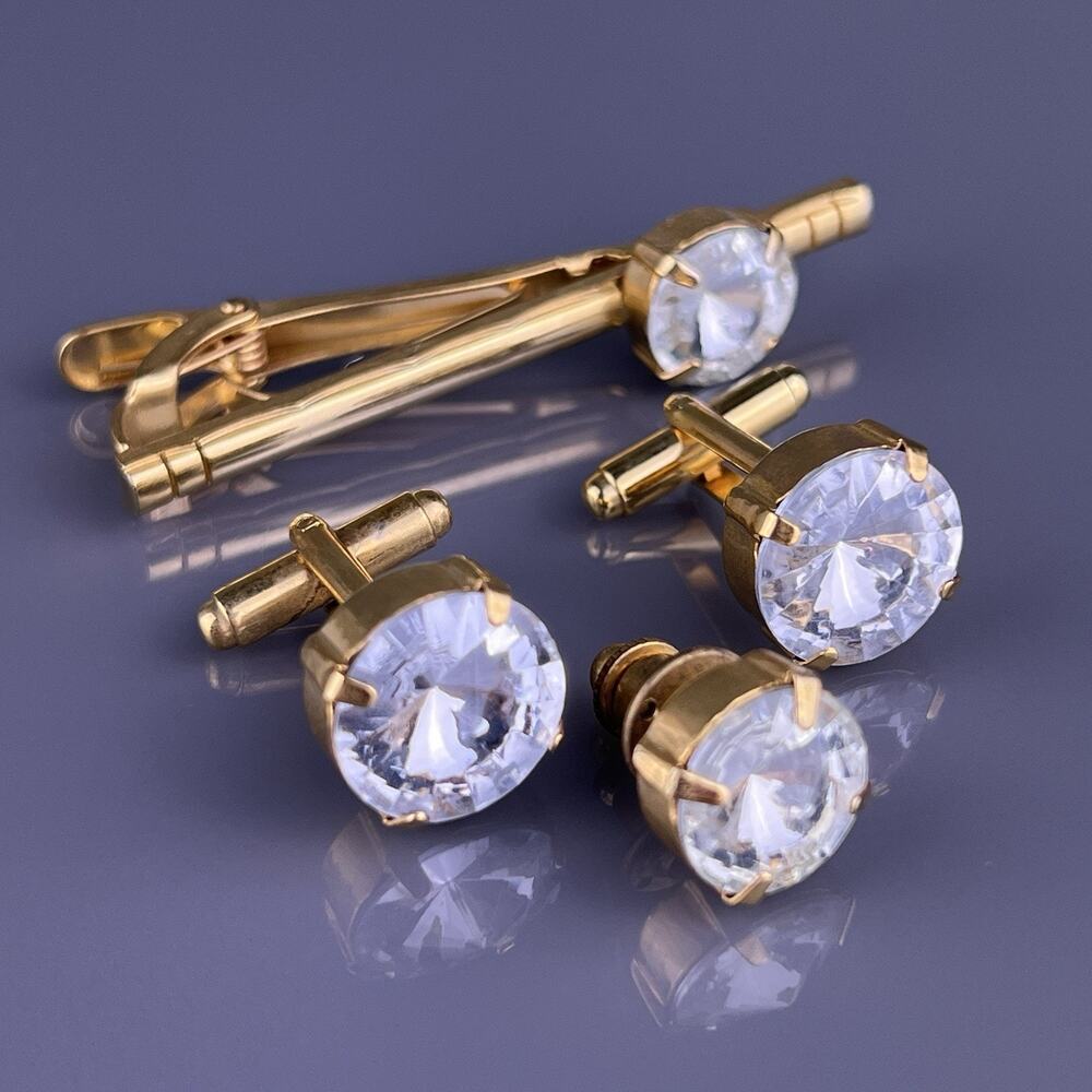 Round White Cut Acrylic Cufflinks Tie Clip Pin Gold Tone Flashy Vintage